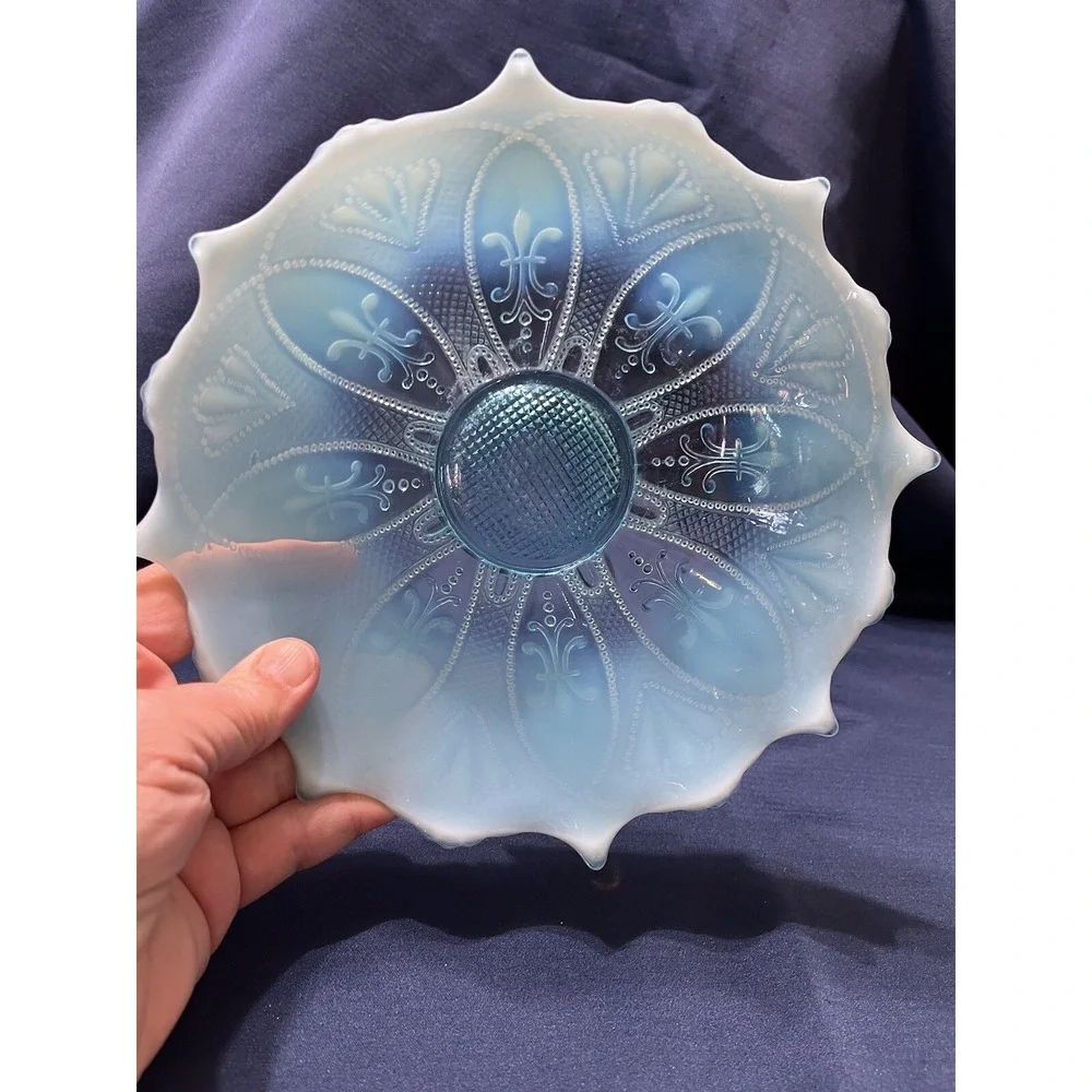 Vintage Blue Opalescent Glass Candy Serving Dish Fleur-de-lis Design - Picture 4 of 10